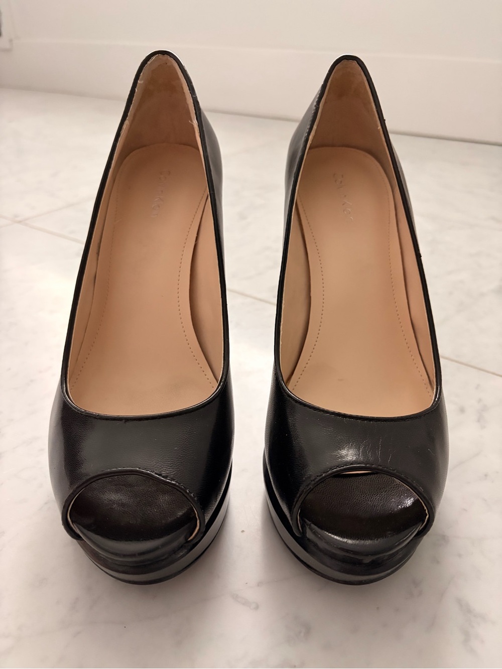 Calvin Klein Black Leather Peep-Toe Platform Pumps